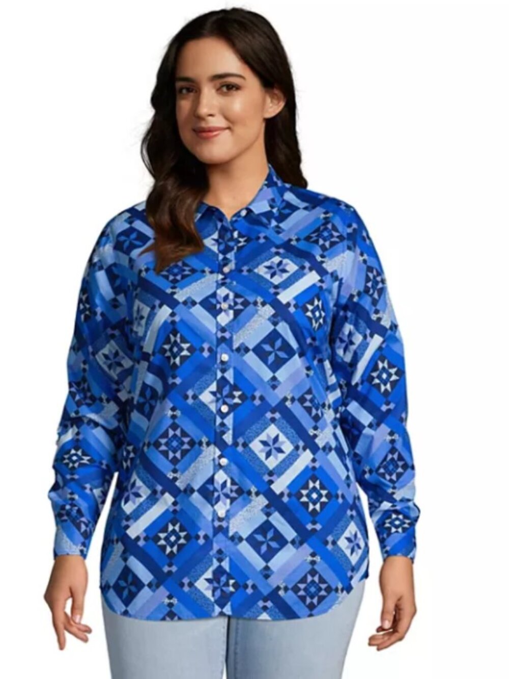 Lands' End Roll-Tab Poplin Boyfriend Tunic Navy Prosperity Quilt - Large - NIP